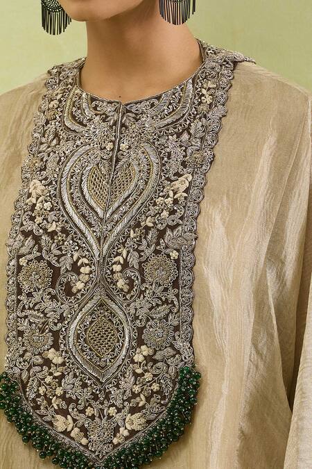 Buy_Prisho_Gold Silk Beads, Sequins Round Neck Zardozi Embroidered Kaftan Skirt Set _Online_at_Aza_Fashions
