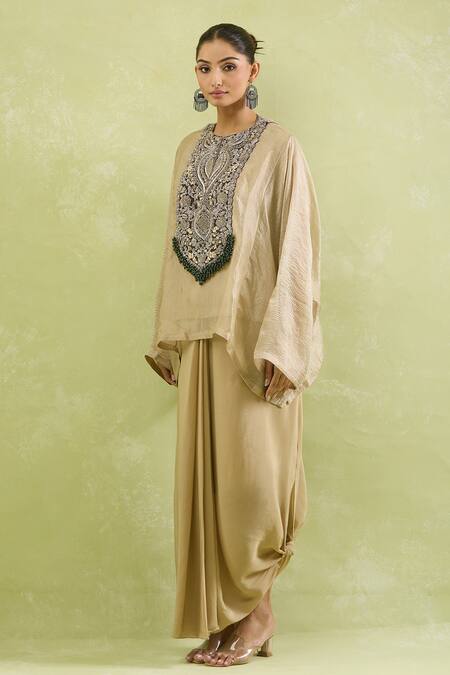 Shop_Prisho_Gold Silk Beads, Sequins Round Neck Zardozi Embroidered Kaftan Skirt Set _Online_at_Aza_Fashions