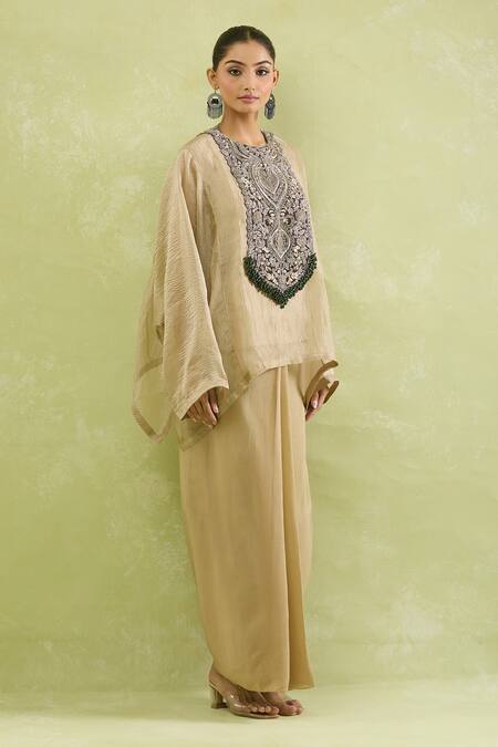 Prisho_Gold Silk Beads, Sequins Round Neck Zardozi Embroidered Kaftan Skirt Set _at_Aza_Fashions