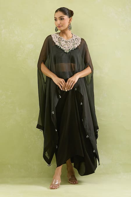 Shop Prisho Black Cotton, Chiffon Sequins, Beads, Zari Embroidered Kaftan And Blouse Set Online at Aza Fashions Shop_Prisho_Black Cotton, Chiffon Sequins, Beads, Zari Embroidered Kaftan And Blouse Set _Online_at_Aza_Fashions