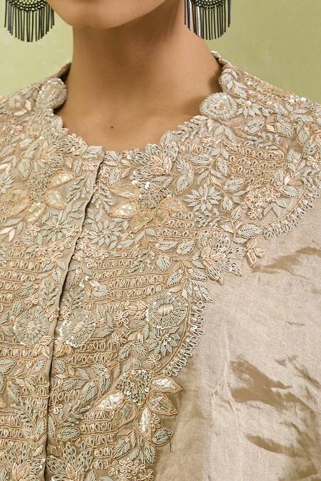 Prisho_Gold Tissue Sequins, Zari Floral Embroidered Kaftan And Pant Set _Online_at_Aza_Fashions