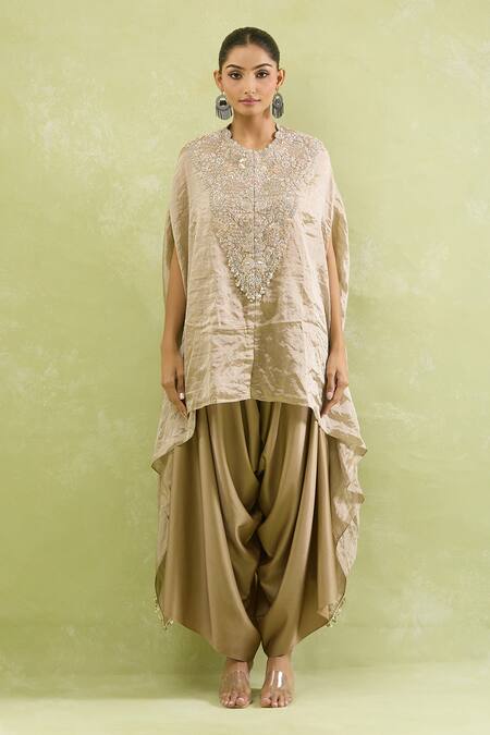 Shop_Prisho_Gold Tissue Sequins, Zari Floral Embroidered Kaftan And Pant Set _Online_at_Aza_Fashions