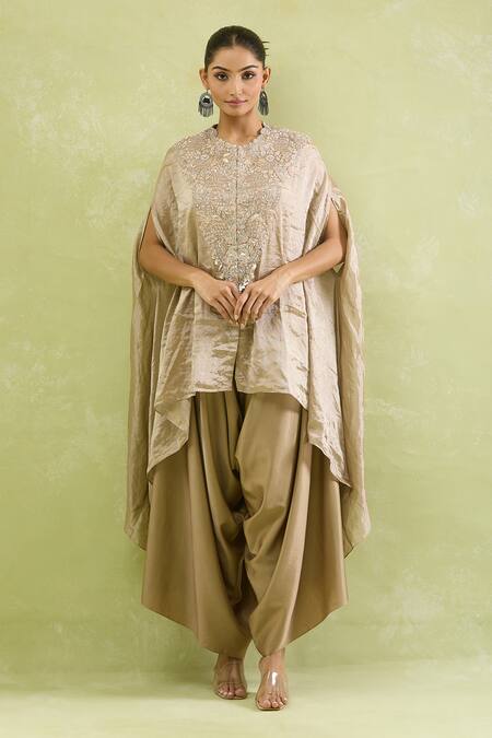 Prisho_Gold Tissue Sequins, Zari Floral Embroidered Kaftan And Pant Set _at_Aza_Fashions