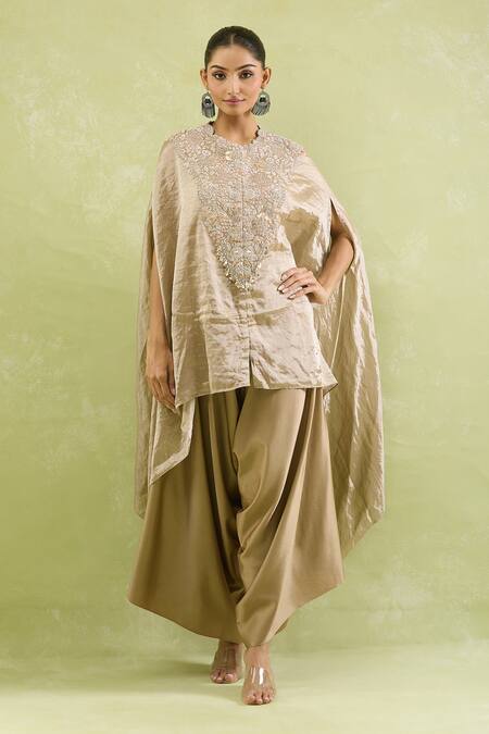 Buy_Prisho_Gold Tissue Sequins, Zari Floral Embroidered Kaftan And Pant Set 