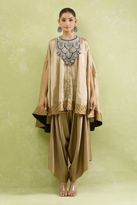 Prisho_Gold Tissue Zari, Sequins Round Neck Zardozi Patchwork Embroidered Kaftan Set _Online_at_Aza_Fashions