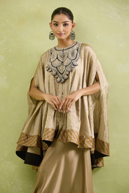 Buy_Prisho_Gold Tissue Zari, Sequins Round Neck Zardozi Patchwork Embroidered Kaftan Set _Online_at_Aza_Fashions