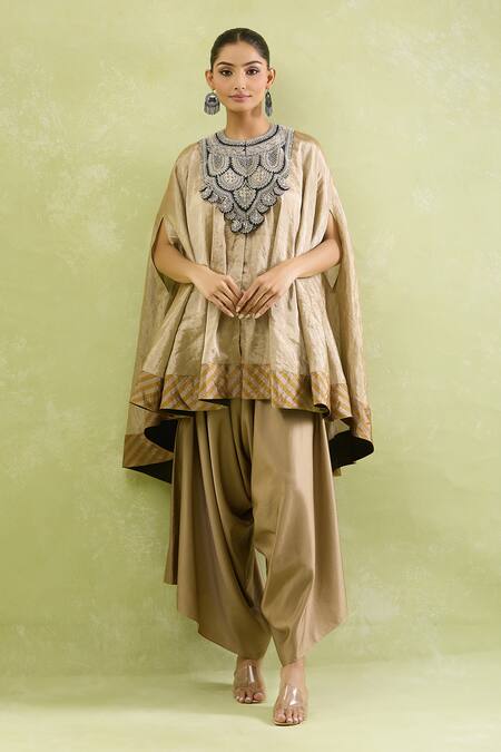 Shop_Prisho_Gold Tissue Zari, Sequins Round Neck Zardozi Patchwork Embroidered Kaftan Set _Online_at_Aza_Fashions