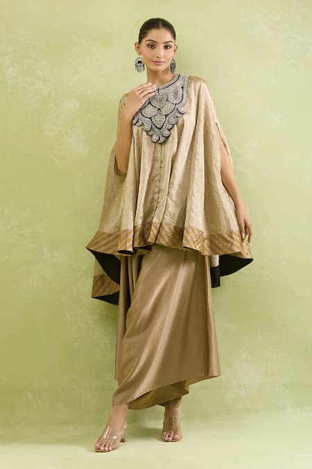 Prisho_Gold Tissue Zari, Sequins Round Neck Zardozi Patchwork Embroidered Kaftan Set _at_Aza_Fashions