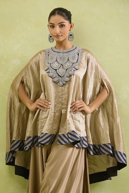 Prisho_Beige Tissue Embroidery Round Neck Dori Embellished Kaftan And Draped Pant _Online_at_Aza_Fashions