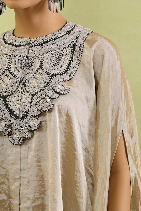 Buy_Prisho_Beige Tissue Embroidery Round Neck Dori Embellished Kaftan And Draped Pant _Online_at_Aza_Fashions