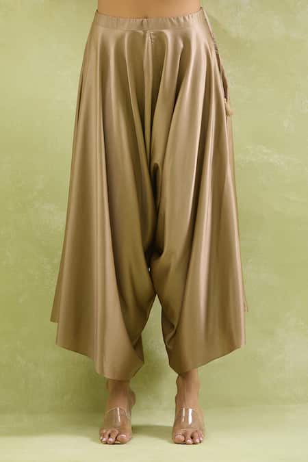 Shop_Prisho_Beige Tissue Embroidery Round Neck Dori Embellished Kaftan And Draped Pant _Online_at_Aza_Fashions