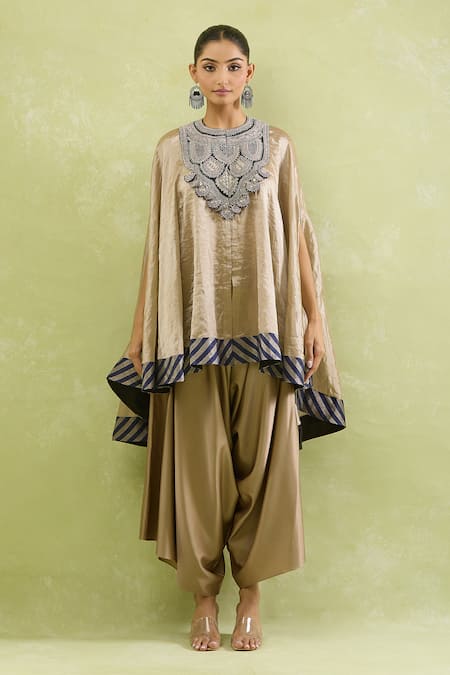 Prisho_Beige Tissue Embroidery Round Neck Dori Embellished Kaftan And Draped Pant _at_Aza_Fashions