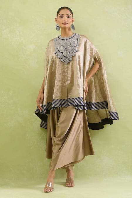 Buy_Prisho_Beige Tissue Embroidery Round Neck Dori Embellished Kaftan And Draped Pant 