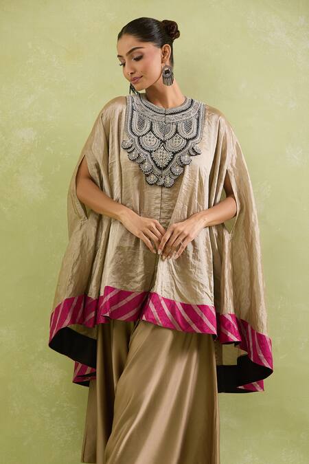 Prisho_Beige Tissue Sequins Round Neck Embellished Kaftan Set With Draped Pant _Online_at_Aza_Fashions