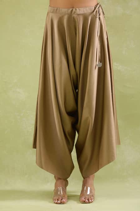 Buy_Prisho_Beige Tissue Sequins Round Neck Embellished Kaftan Set With Draped Pant _Online_at_Aza_Fashions