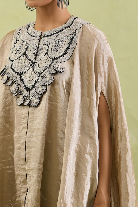 Shop_Prisho_Beige Tissue Sequins Round Neck Embellished Kaftan Set With Draped Pant _Online_at_Aza_Fashions