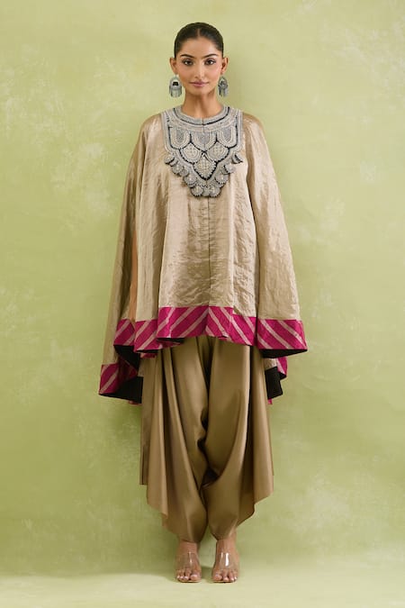 Prisho_Beige Tissue Sequins Round Neck Embellished Kaftan Set With Draped Pant _at_Aza_Fashions