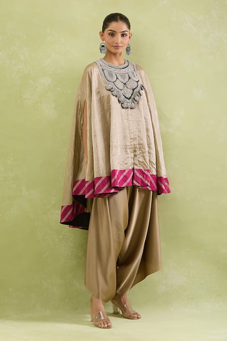 Buy_Prisho_Beige Tissue Sequins Round Neck Embellished Kaftan Set With Draped Pant 