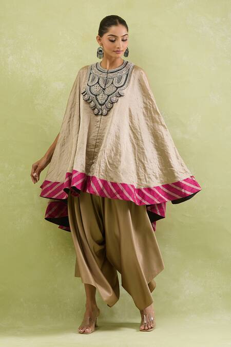 Shop_Prisho_Beige Tissue Sequins Round Neck Embellished Kaftan Set With Draped Pant 