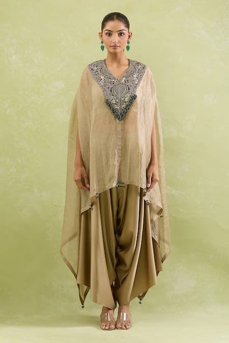 Prisho Brown Crepe, Silk Diamonds, Sequins, Floral Dori Embellished Kaftan And Pant Set Online at Aza Fashions Prisho_Brown Crepe, Silk Diamonds, Sequins, Floral Dori Embellished Kaftan And Pant Set _Online_at_Aza_Fashions