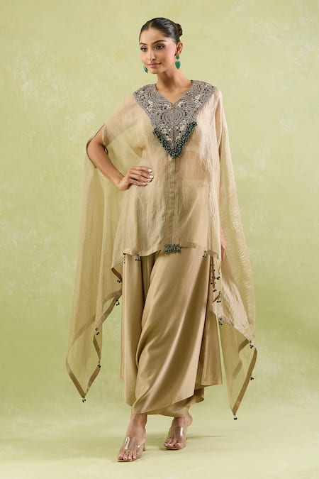 Buy Prisho Brown Crepe, Silk Diamonds, Sequins, Floral Dori Embellished Kaftan And Pant Set Online at Aza Fashions Buy_Prisho_Brown Crepe, Silk Diamonds, Sequins, Floral Dori Embellished Kaftan And Pant Set _Online_at_Aza_Fashions