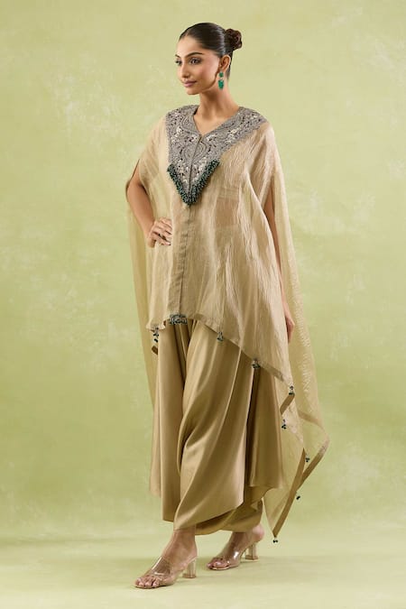 Shop Prisho Brown Crepe, Silk Diamonds, Sequins, Floral Dori Embellished Kaftan And Pant Set Online at Aza Fashions Shop_Prisho_Brown Crepe, Silk Diamonds, Sequins, Floral Dori Embellished Kaftan And Pant Set _Online_at_Aza_Fashions
