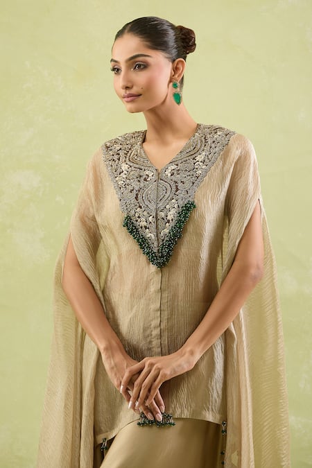 Buy Prisho Brown Crepe, Silk Diamonds, Sequins, Floral Dori Embellished Kaftan And Pant Set Buy_Prisho_Brown Crepe, Silk Diamonds, Sequins, Floral Dori Embellished Kaftan And Pant Set