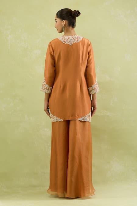 Shop Prisho Orange Cotton, Georgette, Chiffon Floral Veil Embellished Kurta Sharara Set at Aza Fashions Shop_Prisho_Orange Cotton, Georgette, Chiffon Floral Veil Embellished Kurta Sharara Set _at_Aza_Fashions