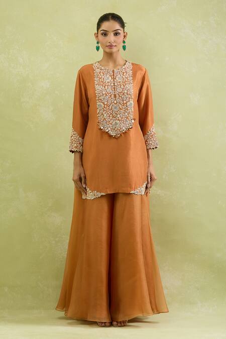 Shop Prisho Orange Cotton, Georgette, Chiffon Floral Veil Embellished Kurta Sharara Set Online at Aza Fashions Shop_Prisho_Orange Cotton, Georgette, Chiffon Floral Veil Embellished Kurta Sharara Set _Online_at_Aza_Fashions