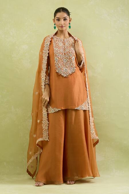 Prisho Orange Cotton, Georgette, Chiffon Floral Veil Embellished Kurta Sharara Set at Aza Fashions Prisho_Orange Cotton, Georgette, Chiffon Floral Veil Embellished Kurta Sharara Set _at_Aza_Fashions