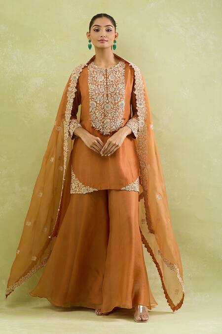 Buy Prisho Orange Cotton, Georgette, Chiffon Floral Veil Embellished Kurta Sharara Set Buy_Prisho_Orange Cotton, Georgette, Chiffon Floral Veil Embellished Kurta Sharara Set