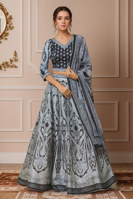 Samyukta Singhania Multi Color Lehenga Raw Silk Digital Printed Paisley V Neck Monochrome Set 