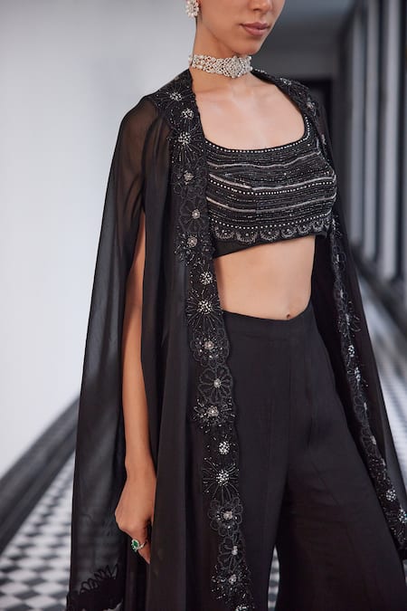 Charu And Vasundhara Black Organza, Taffeta Cut Work, Florence Embroidered Cape And Sharara Pant Set Online at Aza Fashions Charu And Vasundhara_Black Organza, Taffeta Cut Work, Florence Embroidered Cape And Sharara Pant Set _Online_at_Aza_Fashions