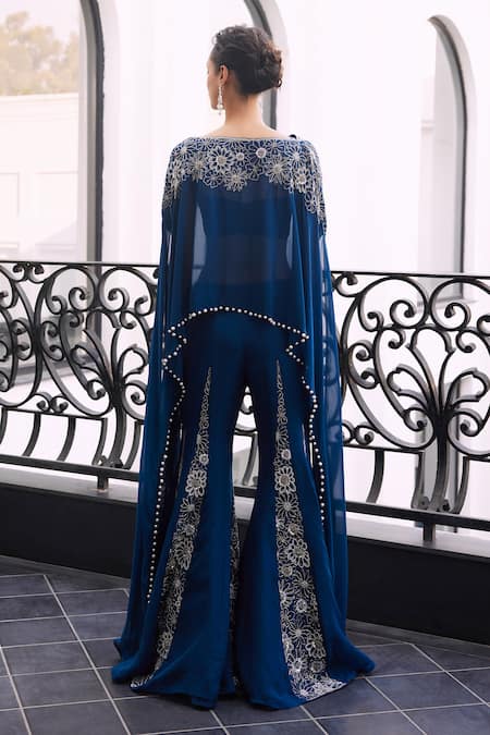 Shop Charu And Vasundhara Blue Organza, Taffeta Sequins Bloom Embroidered Cape Top And Sharara Set at Aza Fashions Shop_Charu And Vasundhara_Blue Organza, Taffeta Sequins Bloom Embroidered Cape Top And Sharara Set _at_Aza_Fashions