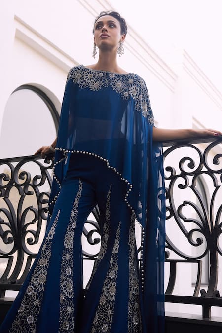 Buy Charu And Vasundhara Blue Organza, Taffeta Sequins Bloom Embroidered Cape Top And Sharara Set Online at Aza Fashions Buy_Charu And Vasundhara_Blue Organza, Taffeta Sequins Bloom Embroidered Cape Top And Sharara Set _Online_at_Aza_Fashions