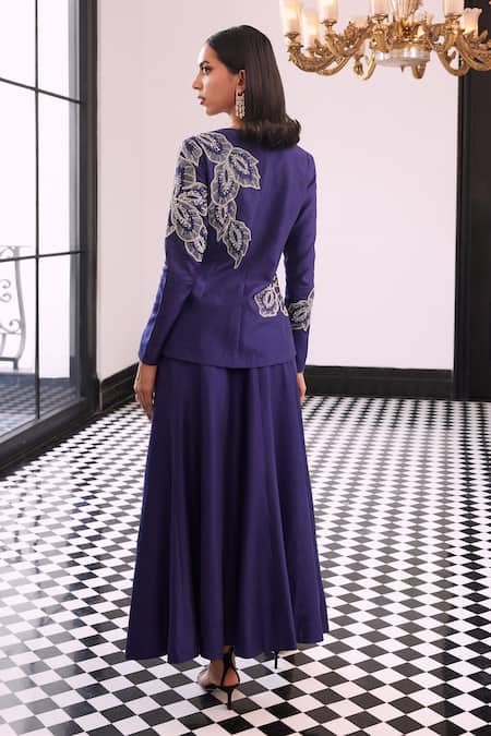 Shop Charu And Vasundhara Purple Taffeta, Silk Embroidery Petal Bloom Blazer And Skirt at Aza Fashions Shop_Charu And Vasundhara_Purple Taffeta, Silk Embroidery Petal Bloom Blazer And Skirt _at_Aza_Fashions