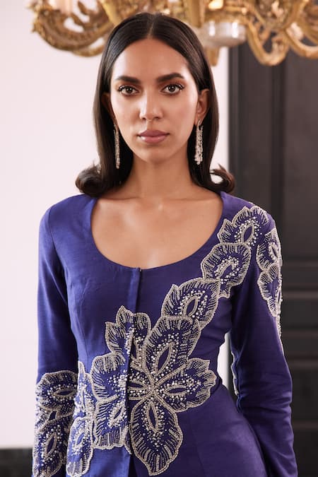 Charu And Vasundhara Purple Taffeta, Silk Embroidery Petal Bloom Blazer And Skirt Online at Aza Fashions Charu And Vasundhara_Purple Taffeta, Silk Embroidery Petal Bloom Blazer And Skirt _Online_at_Aza_Fashions
