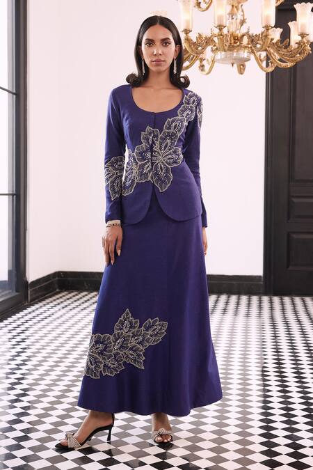 Buy Charu And Vasundhara Purple Taffeta, Silk Embroidery Petal Bloom Blazer And Skirt Online at Aza Fashions Buy_Charu And Vasundhara_Purple Taffeta, Silk Embroidery Petal Bloom Blazer And Skirt _Online_at_Aza_Fashions