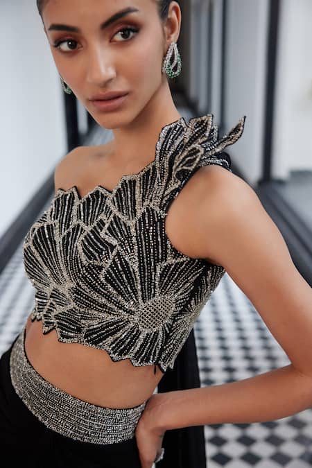 Charu And Vasundhara Black Taffeta, Net, Georgette Beads Petal Gaze Embroidered Top And Draped Skirt Online at Aza Fashions Charu And Vasundhara_Black Taffeta, Net, Georgette Beads Petal Gaze Embroidered Top And Draped Skirt _Online_at_Aza_Fashions