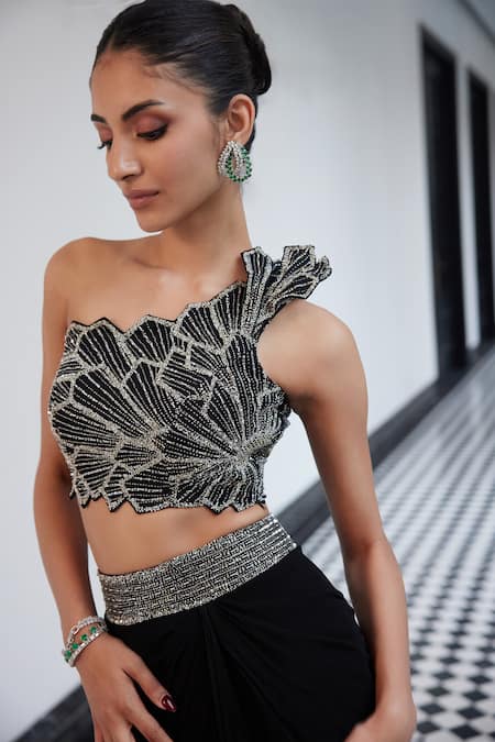 Buy Charu And Vasundhara Black Taffeta, Net, Georgette Beads Petal Gaze Embroidered Top And Draped Skirt Online at Aza Fashions Buy_Charu And Vasundhara_Black Taffeta, Net, Georgette Beads Petal Gaze Embroidered Top And Draped Skirt _Online_at_Aza_Fashions