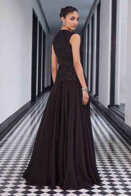 Charu And Vasundhara Black Blossom Embroidered Waistcoat & Lehenga Set 