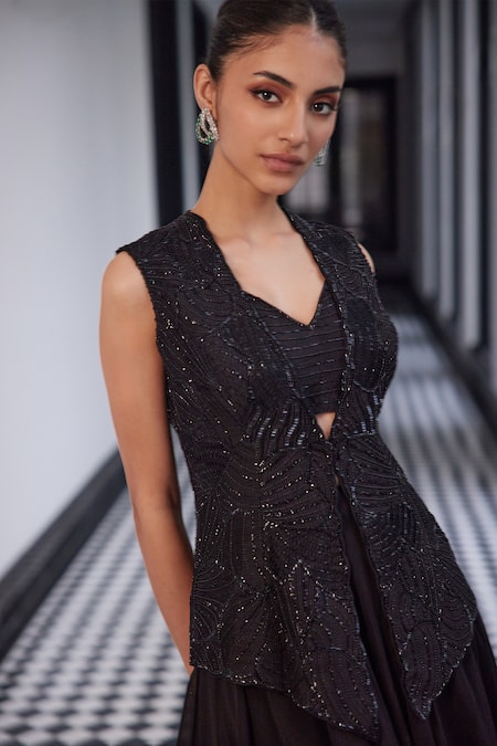 Charu And Vasundhara Black Organza, Taffeta Cut Work, Blossom Embroidered Waistcoat And Lehenga Set Online at Aza Fashions Charu And Vasundhara_Black Organza, Taffeta Cut Work, Blossom Embroidered Waistcoat And Lehenga Set _Online_at_Aza_Fashions