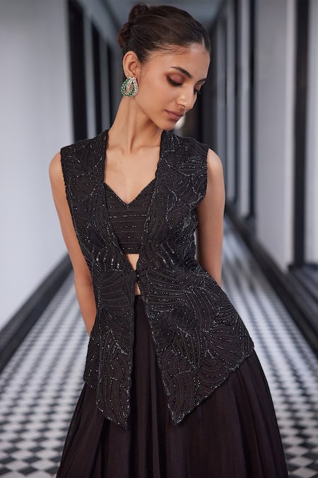 Buy Charu And Vasundhara Black Organza, Taffeta Cut Work, Blossom Embroidered Waistcoat And Lehenga Set Online at Aza Fashions Buy_Charu And Vasundhara_Black Organza, Taffeta Cut Work, Blossom Embroidered Waistcoat And Lehenga Set _Online_at_Aza_Fashions