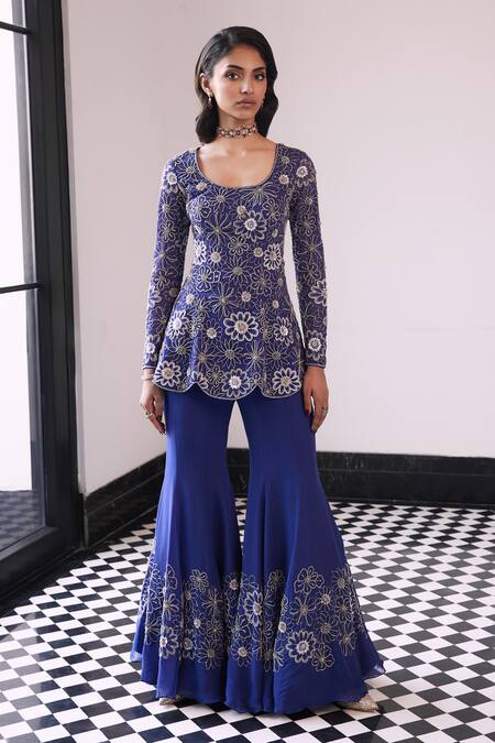 Shop Charu And Vasundhara Purple Organza, Taffeta Beads, Sequins, Florin Embroidered Kurta And Sharara Set Online at Aza Fashions Shop_Charu And Vasundhara_Purple Organza, Taffeta Beads, Sequins, Florin Embroidered Kurta And Sharara Set _Online_at_Aza_Fashions