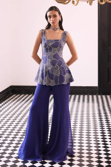 Buy_Charu And Vasundhara_Purple Organza, Taffeta Cut Work, Petal Embroidered Peplum Kurta And Sharara Pant _Online_at_Aza_Fashions