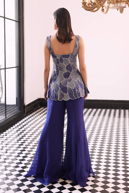 Shop_Charu And Vasundhara_Purple Organza, Taffeta Cut Work, Petal Embroidered Peplum Kurta And Sharara Pant _Online_at_Aza_Fashions