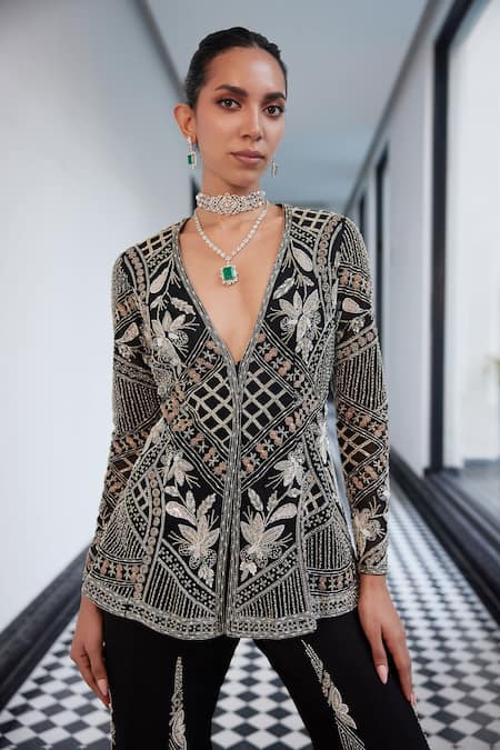 Charu And Vasundhara_Black Organza, Taffeta Cut Work, Embroidery Florid Art Blazer And Sharara Pant _Online_at_Aza_Fashions