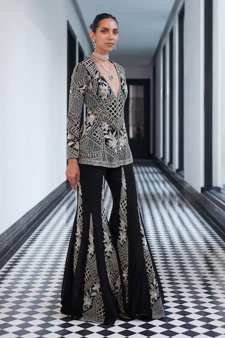 Buy_Charu And Vasundhara_Black Organza, Taffeta Cut Work, Embroidery Florid Art Blazer And Sharara Pant _Online_at_Aza_Fashions