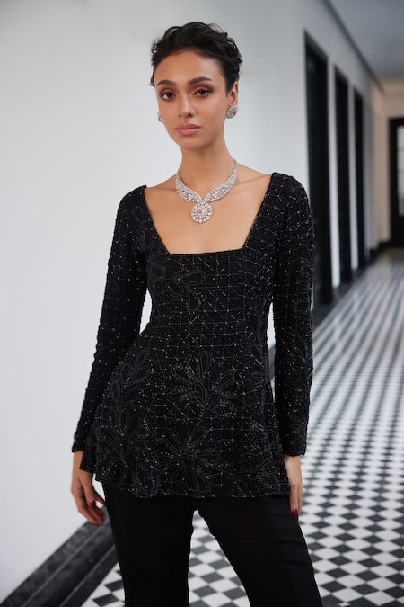 Charu And Vasundhara_Black Organza, Taffeta Cut Work, Sequins Gul Jaal Embroidered Peplum Kurta Set _Online_at_Aza_Fashions