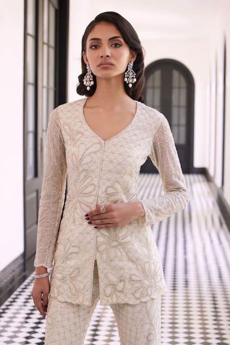 Charu And Vasundhara Ivory Organza, Taffeta Cut Work, Sequins, Beads Peplum Embroidered Kurta Set Online at Aza Fashions Charu And Vasundhara_Ivory Organza, Taffeta Cut Work, Sequins, Beads Peplum Embroidered Kurta Set _Online_at_Aza_Fashions